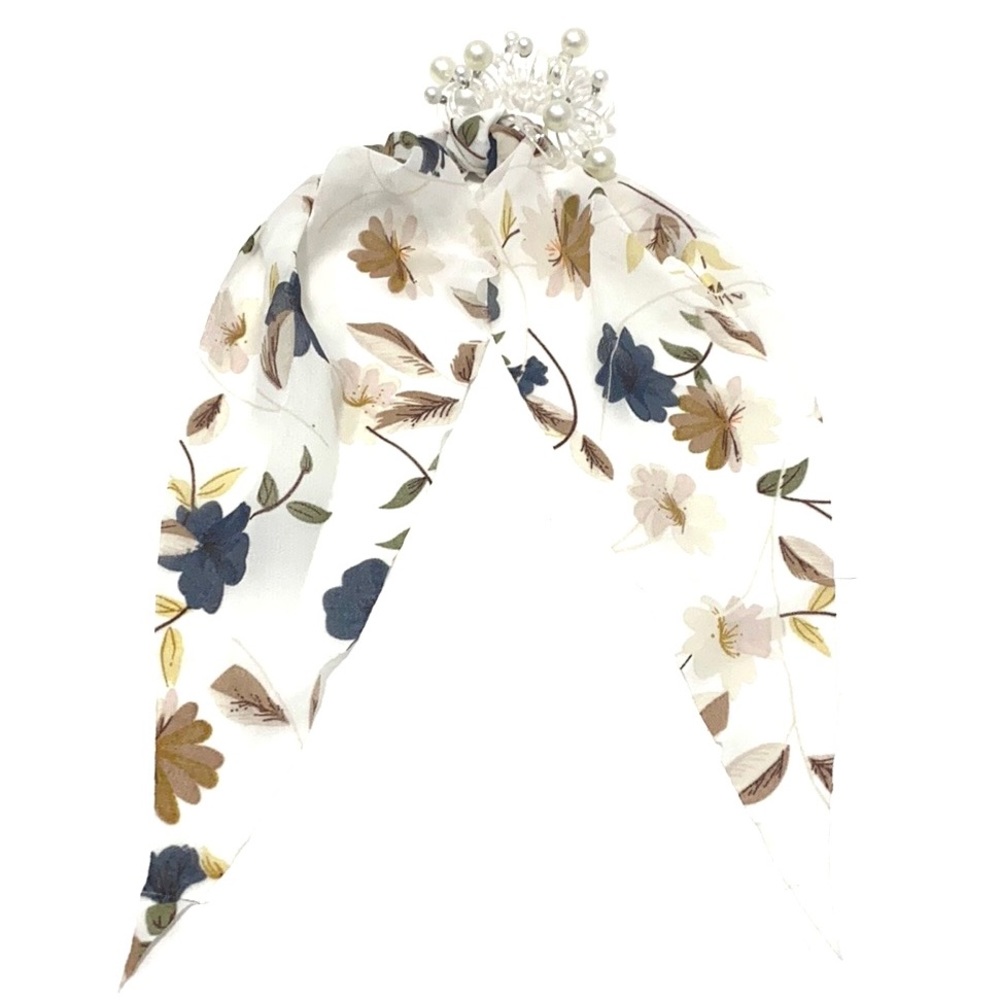 Cream Floral Hair Scarf Coil Ponytail Holder With Faux Pearls